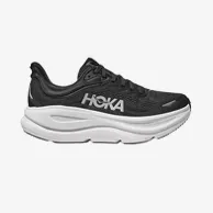 Black and white Hoka running shoe with a thick sole, side view, on a plain background.
